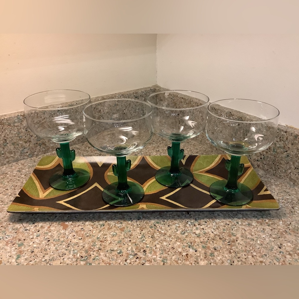 Vintage Libby Margarita Cactus Green Stem Glasses. Set of 4  6.5 in tall